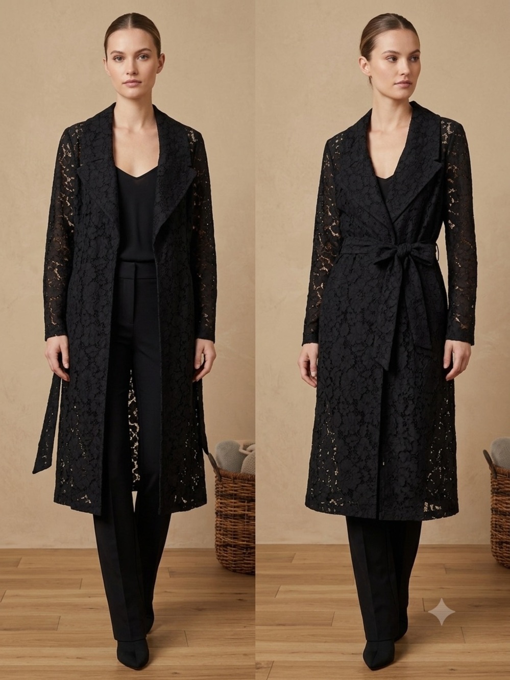Express Black Lace Longline Belted Trench Coat